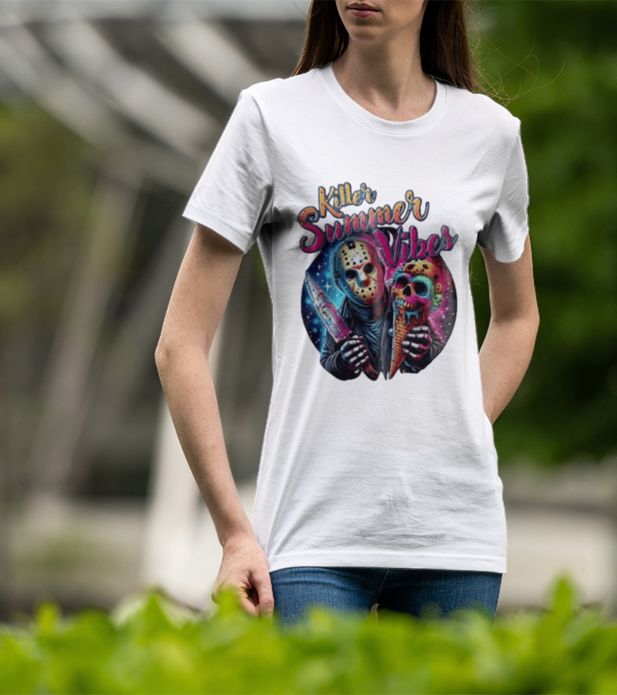 Killer Summer Vibes Hockey Mask Slasher Knife Skull Ice Cream Cone Cosmic T-Shirt