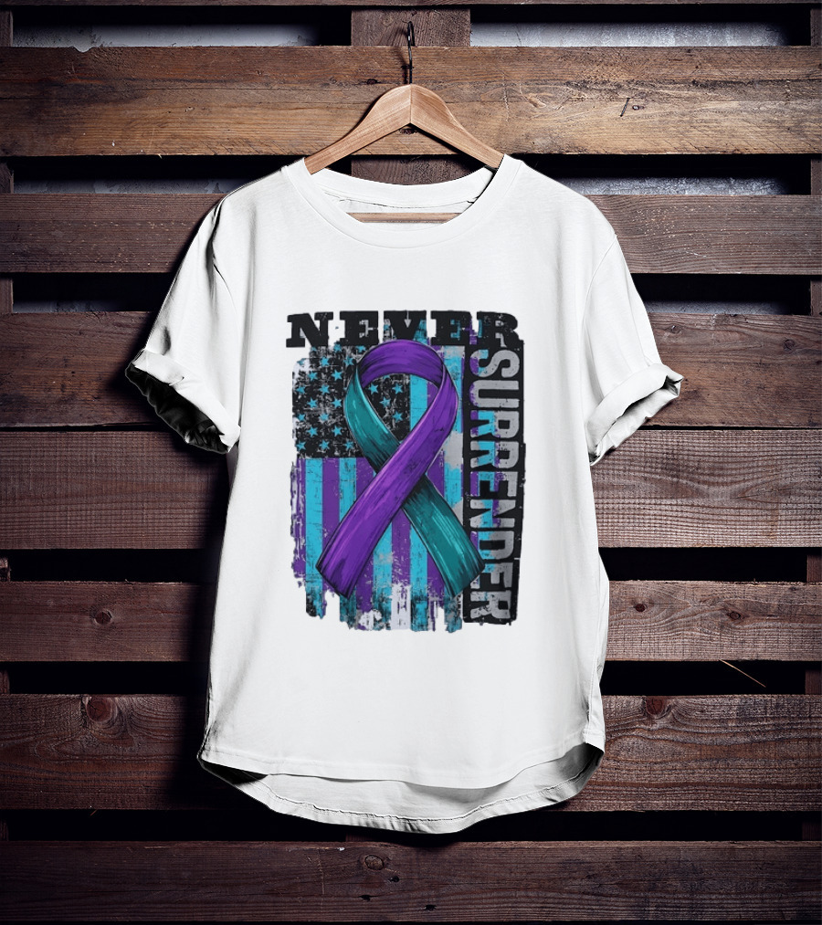 Never Surrender Teal And Purple Awareness Ribbon Distressed Flag T-Shirt