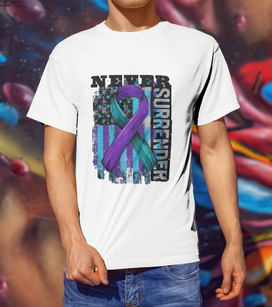 Never Surrender Teal And Purple Awareness Ribbon Distressed Flag T-Shirt