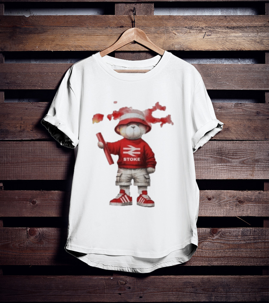 Stoke Awaydays Bear With Flare Football Casuals Railway Logo Bucket Hat Red Sneakers T-Shirt