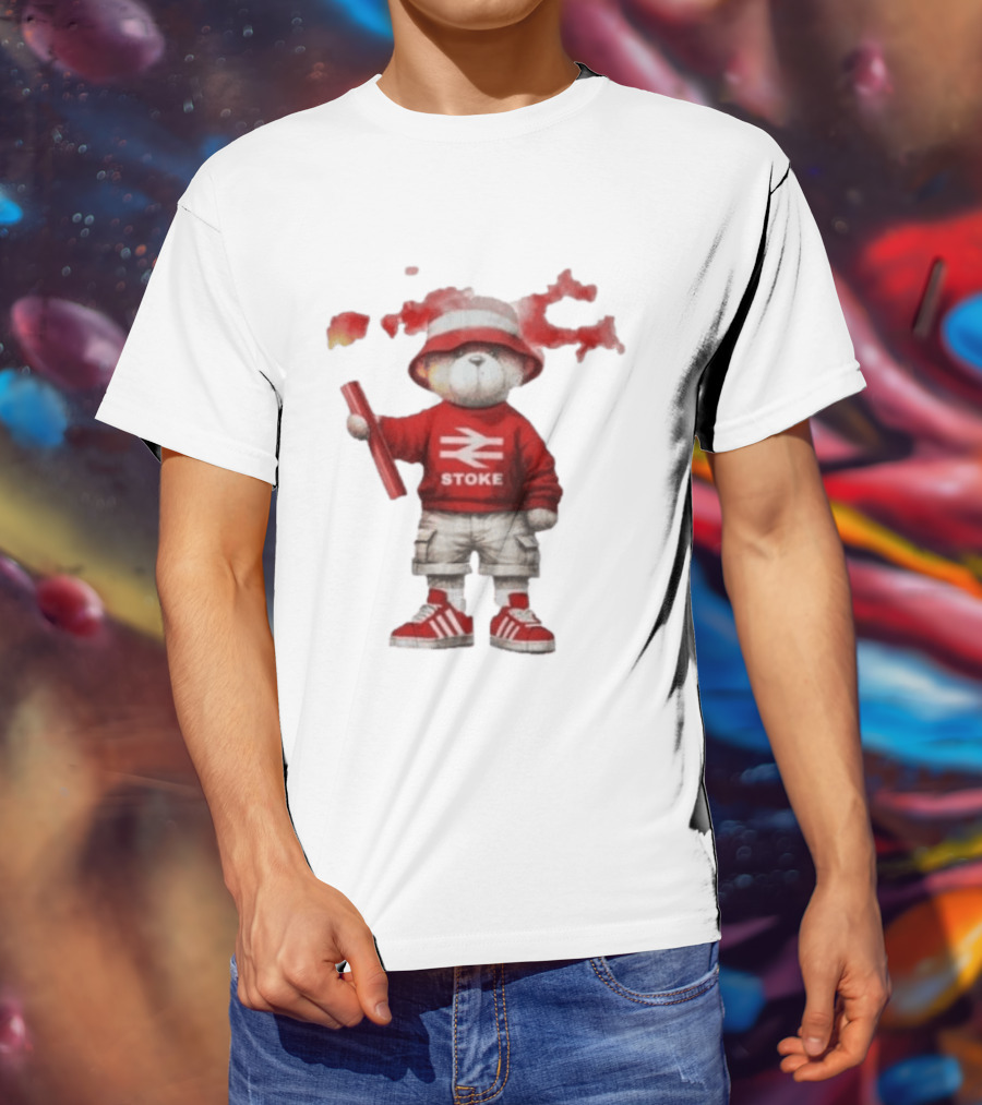 Stoke Awaydays Bear With Flare Football Casuals Railway Logo Bucket Hat Red Sneakers T-Shirt