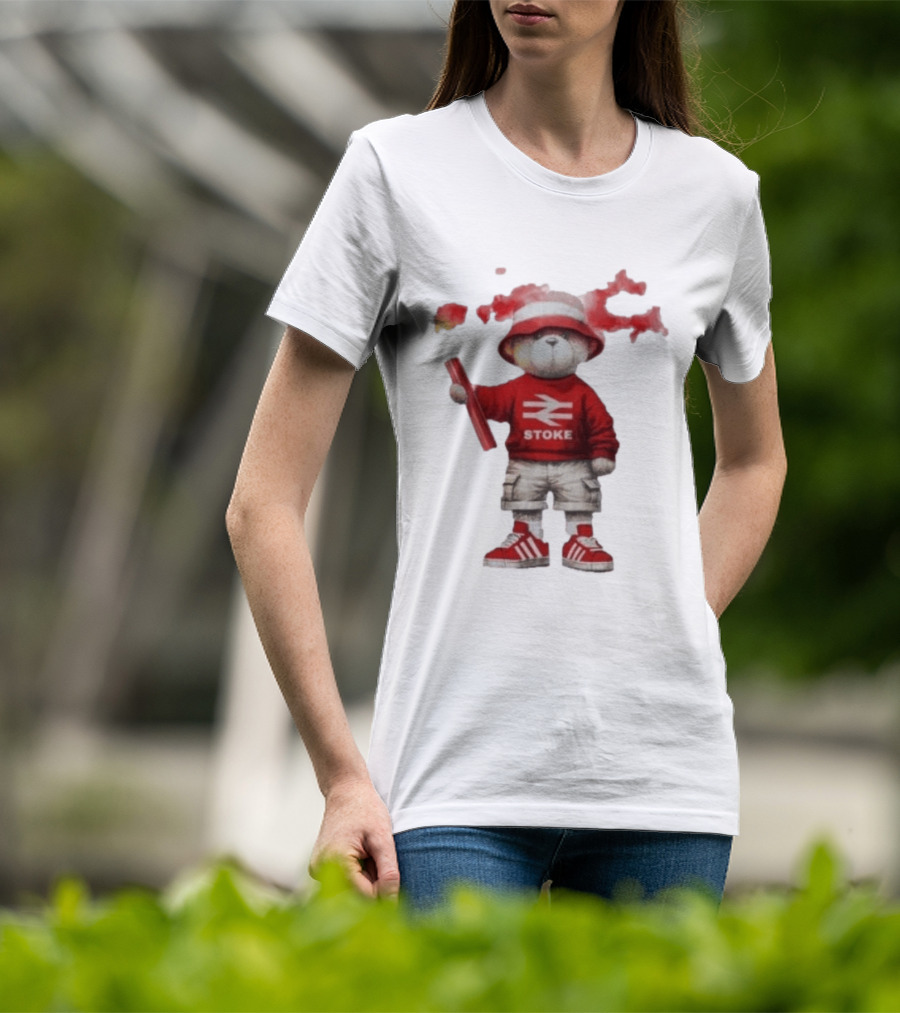 Stoke Awaydays Bear With Flare Football Casuals Railway Logo Bucket Hat Red Sneakers T-Shirt