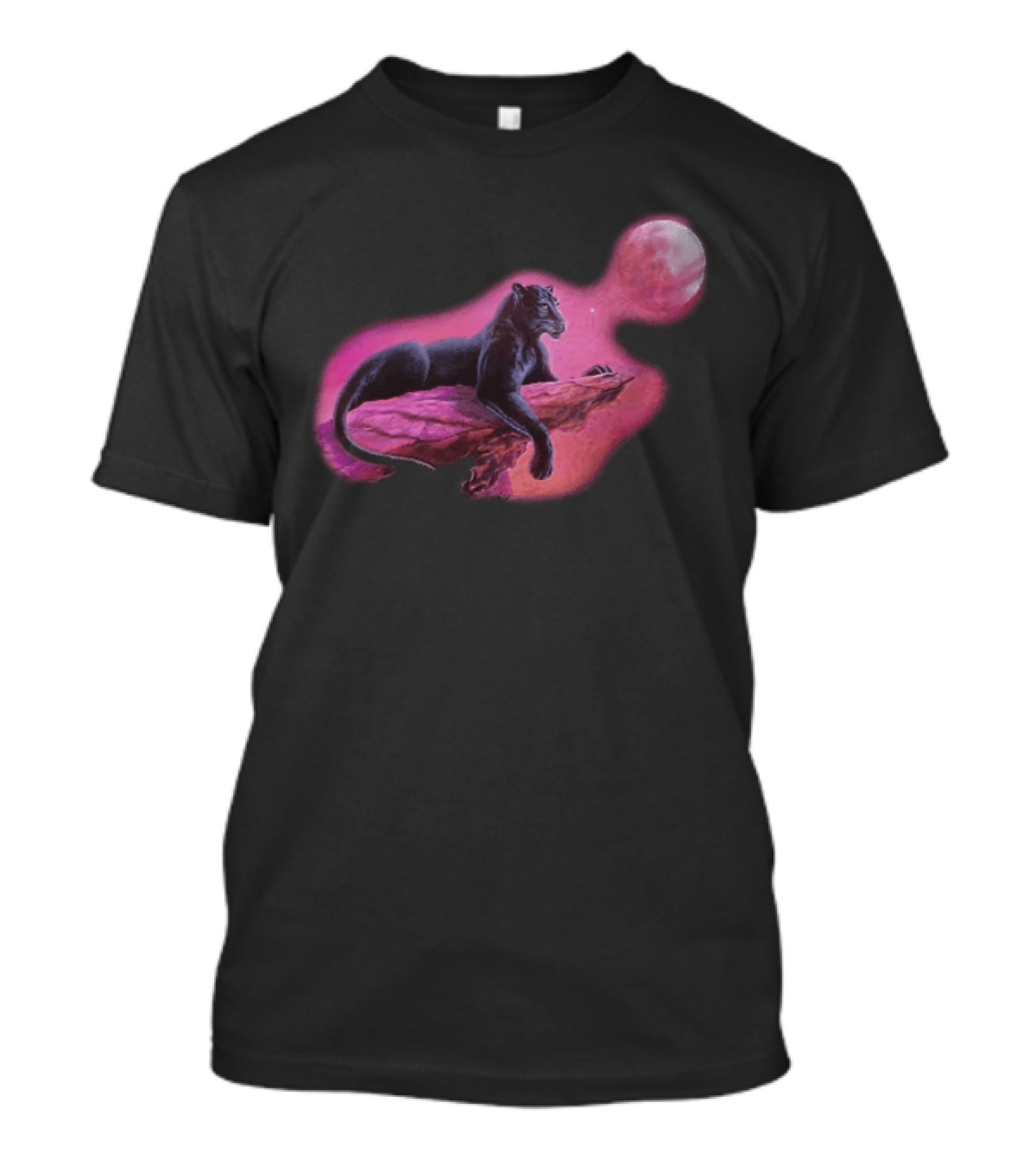 Black Panther On Rock With Pink Moonlit Night Sky T-Shirt