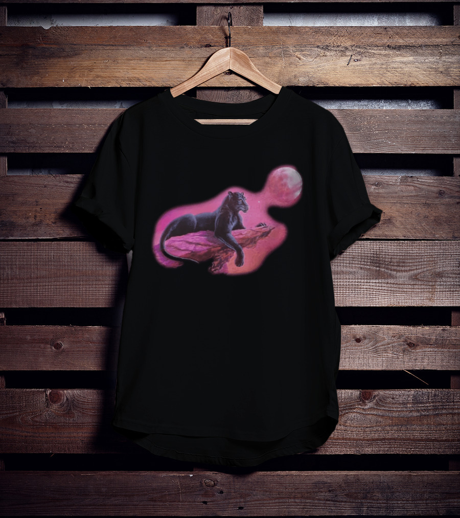 Black Panther On Rock With Pink Moonlit Night Sky T-Shirt