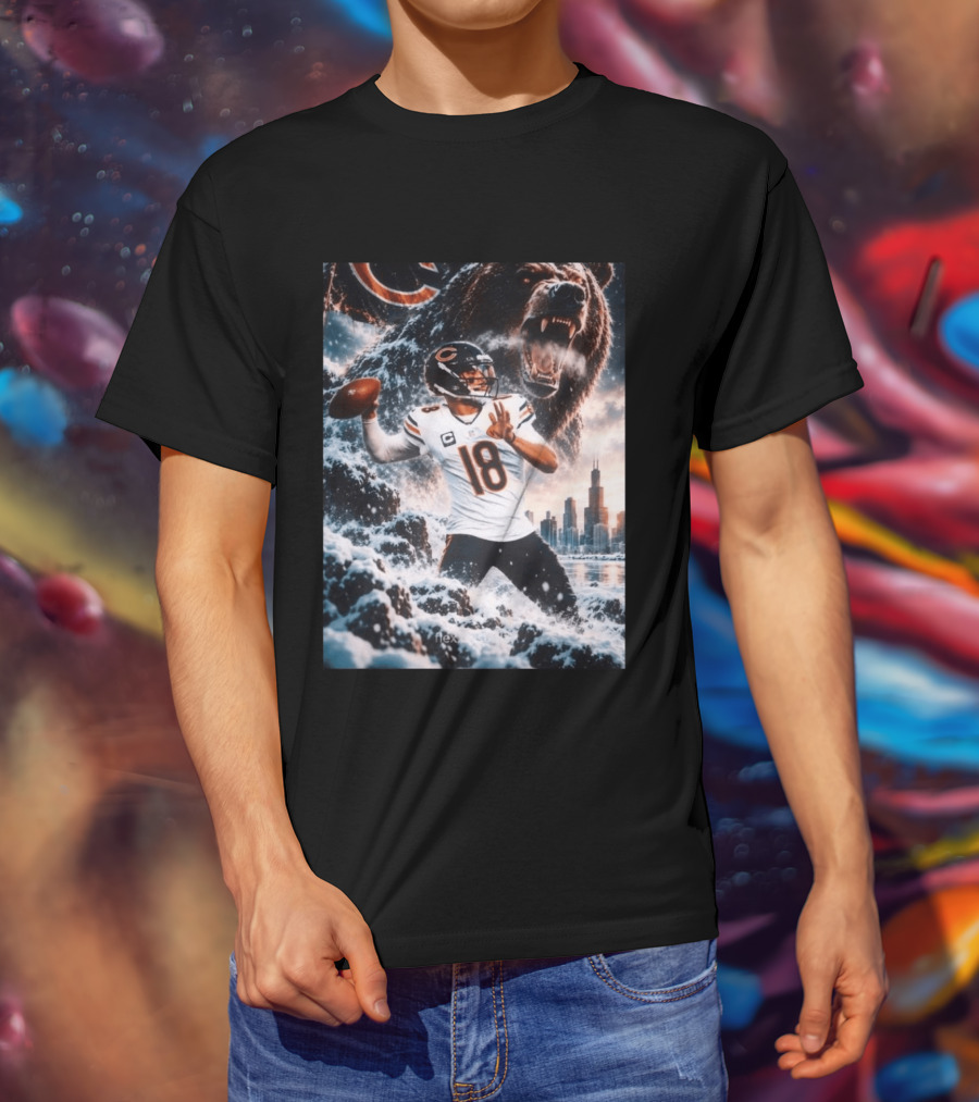 Caleb Williams Chicago Bears Snowy Football Bear Quarterback Number 18 City Skyline T-Shirt