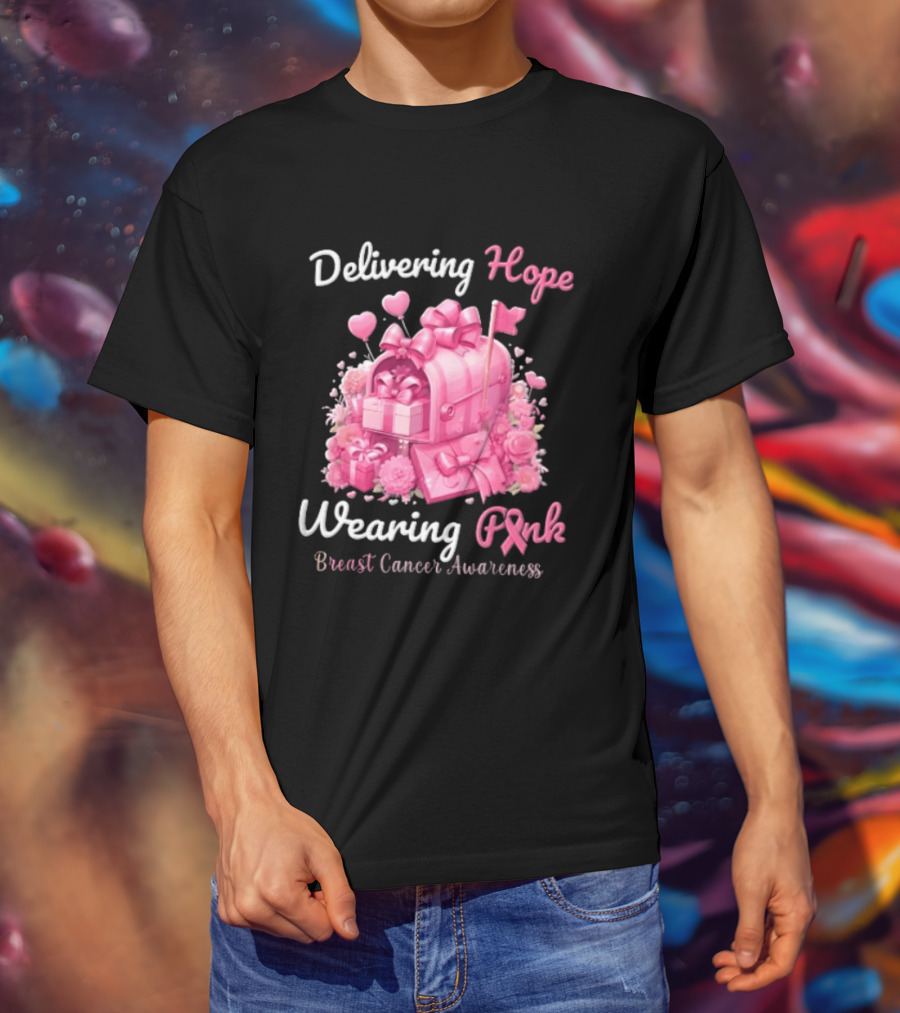 Delivering Hope Wearing Pink Breast Cancer Awareness Mailbox Wrapped Presents Heart Balloons Flowers T-Shirt