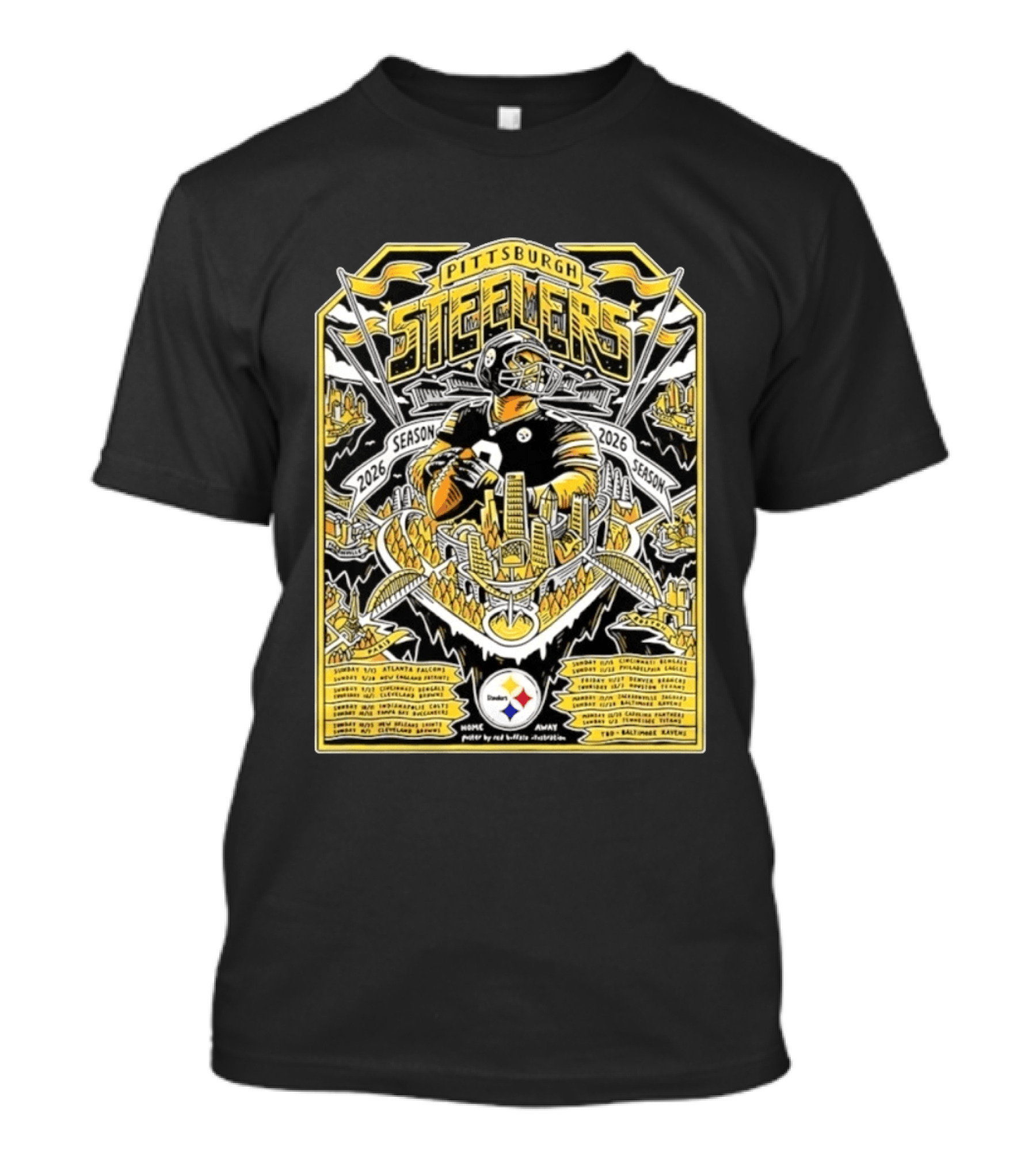 Pittsburgh Steelers 2026 Season Schedule Featuring Iconic Cityscape And Player T-Shirt