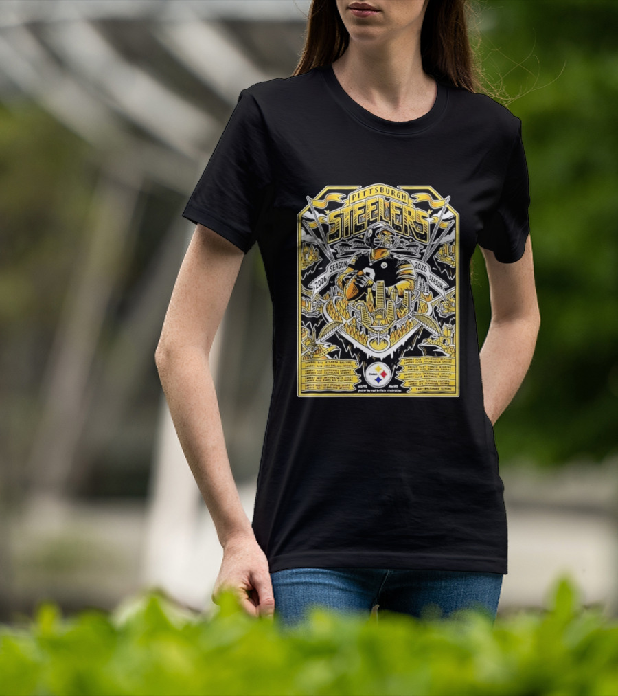 Pittsburgh Steelers 2026 Season Schedule Featuring Iconic Cityscape And Player T-Shirt