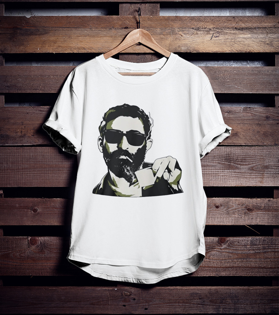 Bearded Man With Sunglasses Smoking Cigarette Holding Blank Card T-Shirt