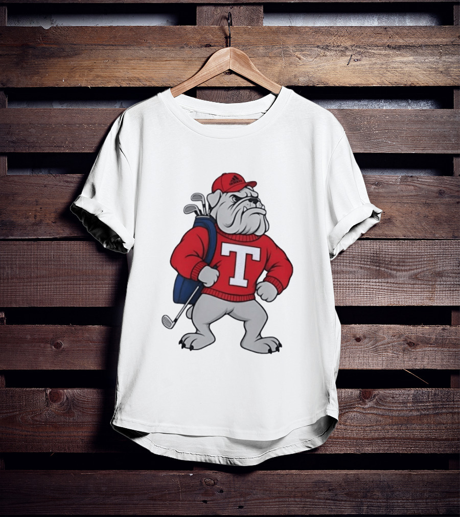 Bulldog Golf Mascot With Letter Sweater And Golf Bag T-Shirt