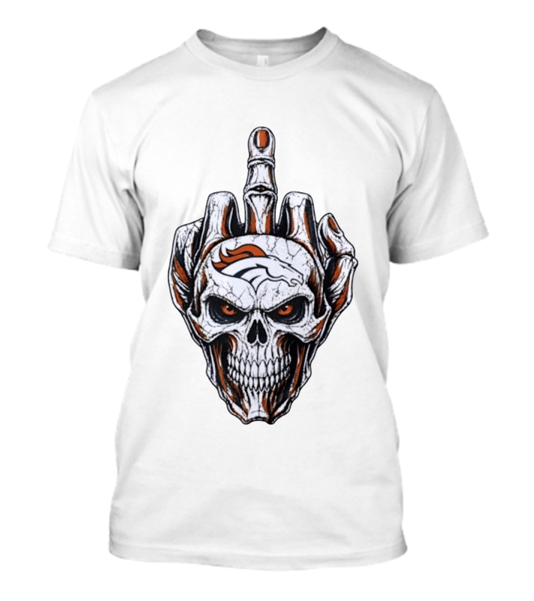 Distressed Denver Broncos Skull With Middle Finger Skeleton Hand T-Shirt