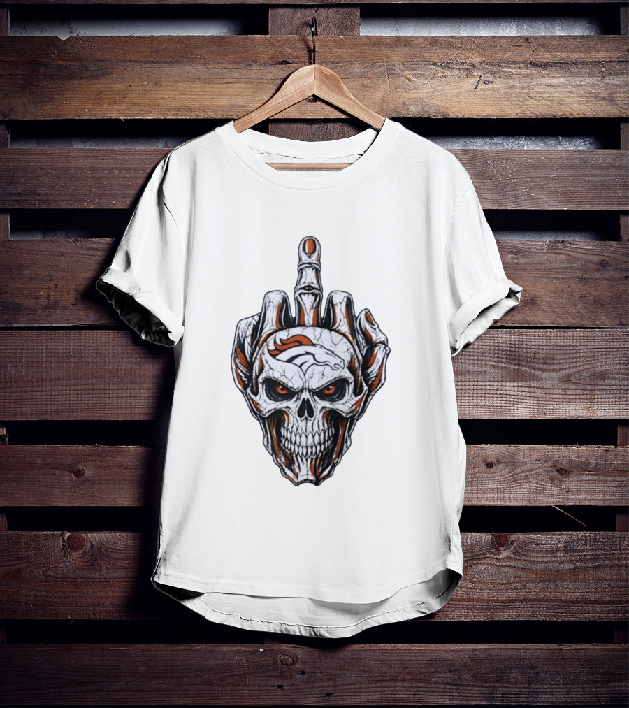 Distressed Denver Broncos Skull With Middle Finger Skeleton Hand T-Shirt