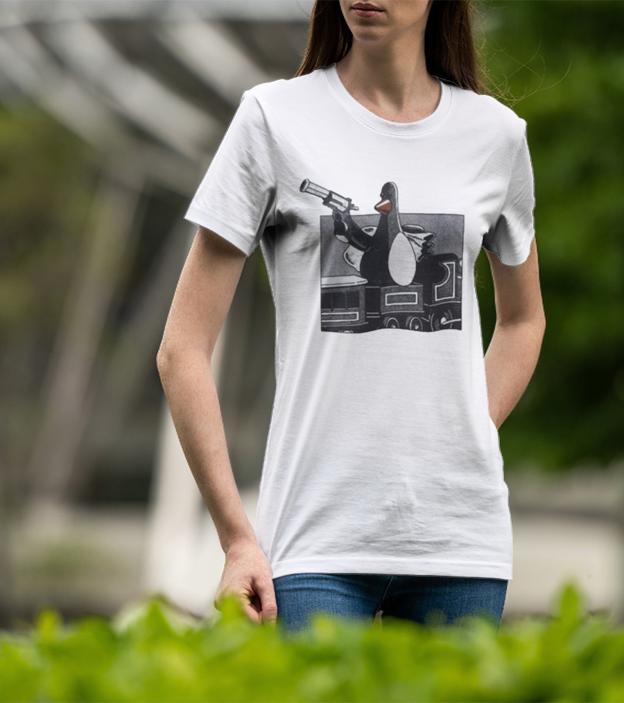 Evil Penguin With Gun On Train Vengeance Most Fowl McGraw T-Shirt