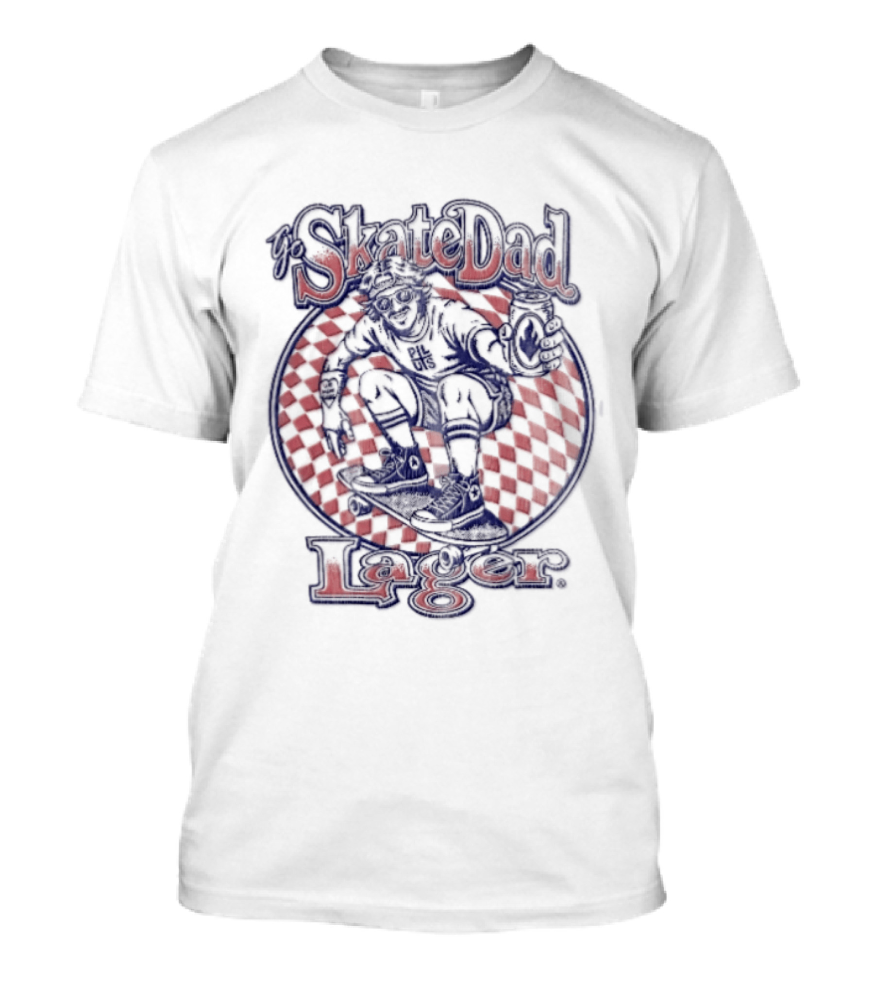 Skate Dad Lager Pils Beer Can Checkerboard Skater Riding T-Shirt
