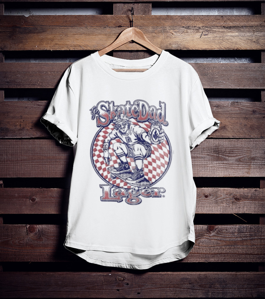 Skate Dad Lager Pils Beer Can Checkerboard Skater Riding T-Shirt