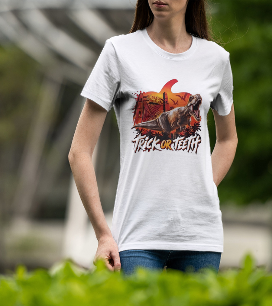 Jurassic World Trick Or Teeth Dinosaur Halloween Pumpkin Gate Rex T-Shirt