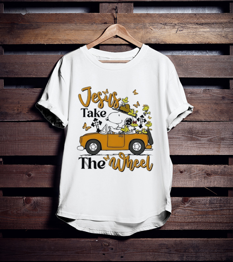 Snoopy Jesus Take The Wheel Butterflies Woodstock Driving Scene T-Shirt