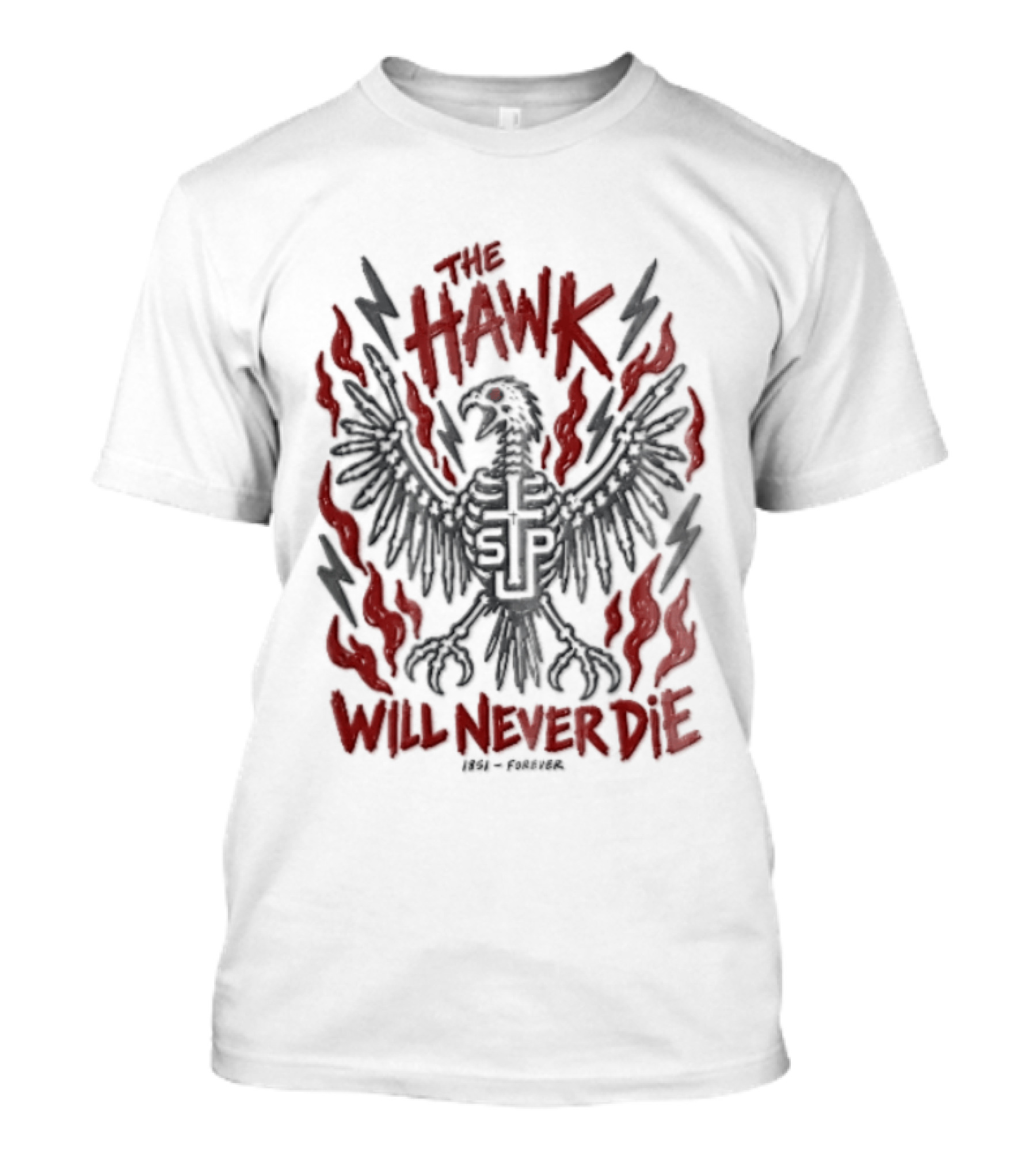 The Hawk Will Never Die 1851 Skeletal Bird Wings Cross Flames Lightning T-Shirt