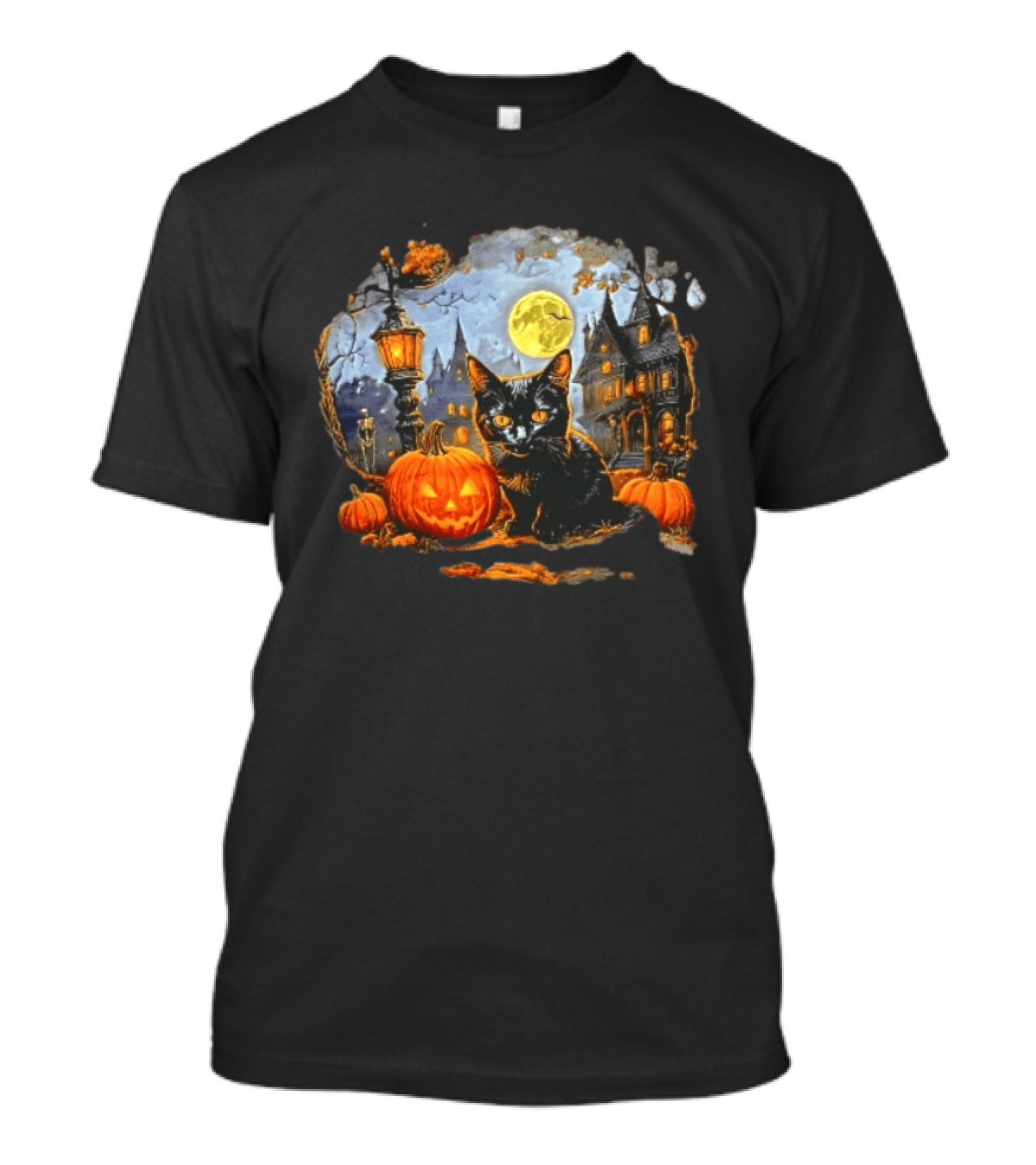 Black Cat Halloween Glowing Jack O' Lantern Haunted Mansion Full Moon Scene T-Shirt