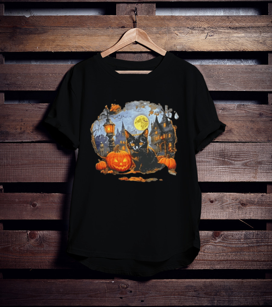 Black Cat Halloween Glowing Jack O' Lantern Haunted Mansion Full Moon Scene T-Shirt