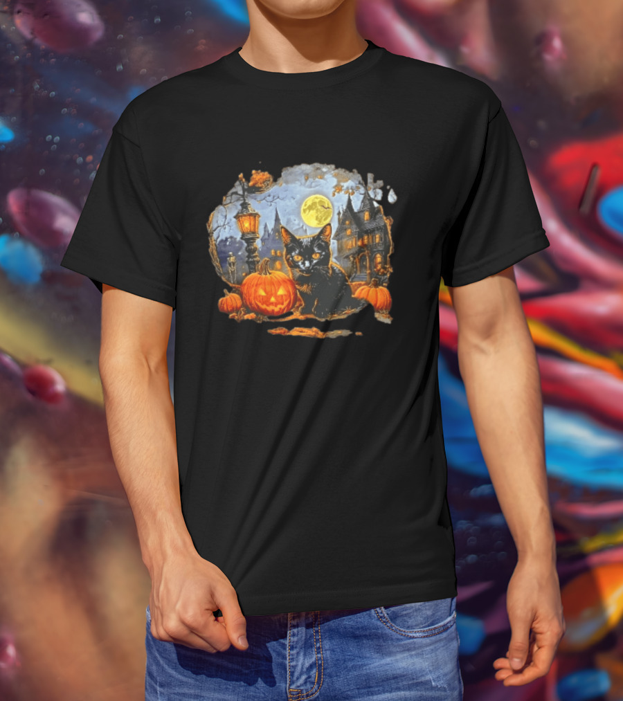 Black Cat Halloween Glowing Jack O' Lantern Haunted Mansion Full Moon Scene T-Shirt