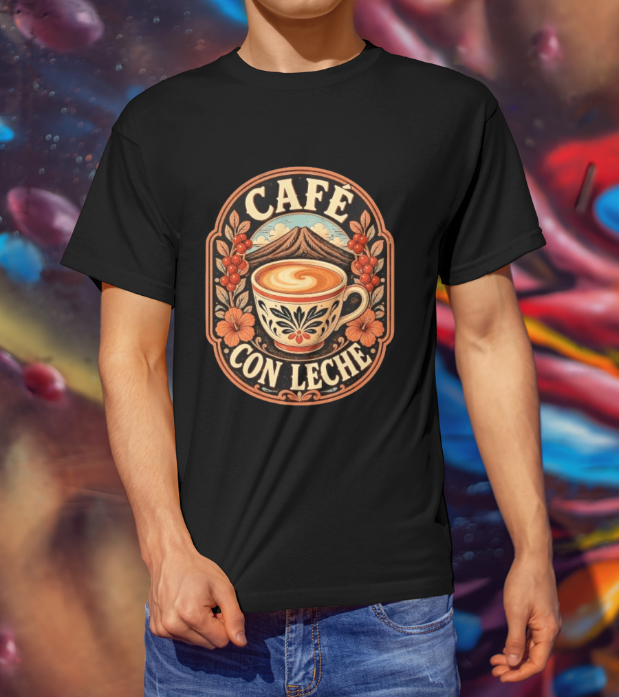 Café Con Leche Coffee Latte Floral Mountain Art Deco T-Shirt