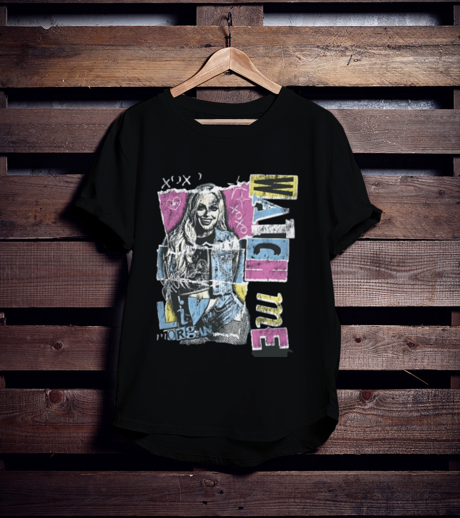 Me Xoxo Liv Morgan Denim Vest Distressed Halftone Torn Paper Collage T-Shirt