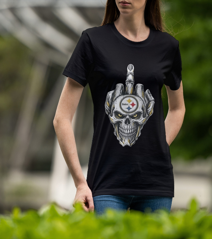 Pittsburgh Steelers Skull Middle Finger Gesture Football Fan T-Shirt
