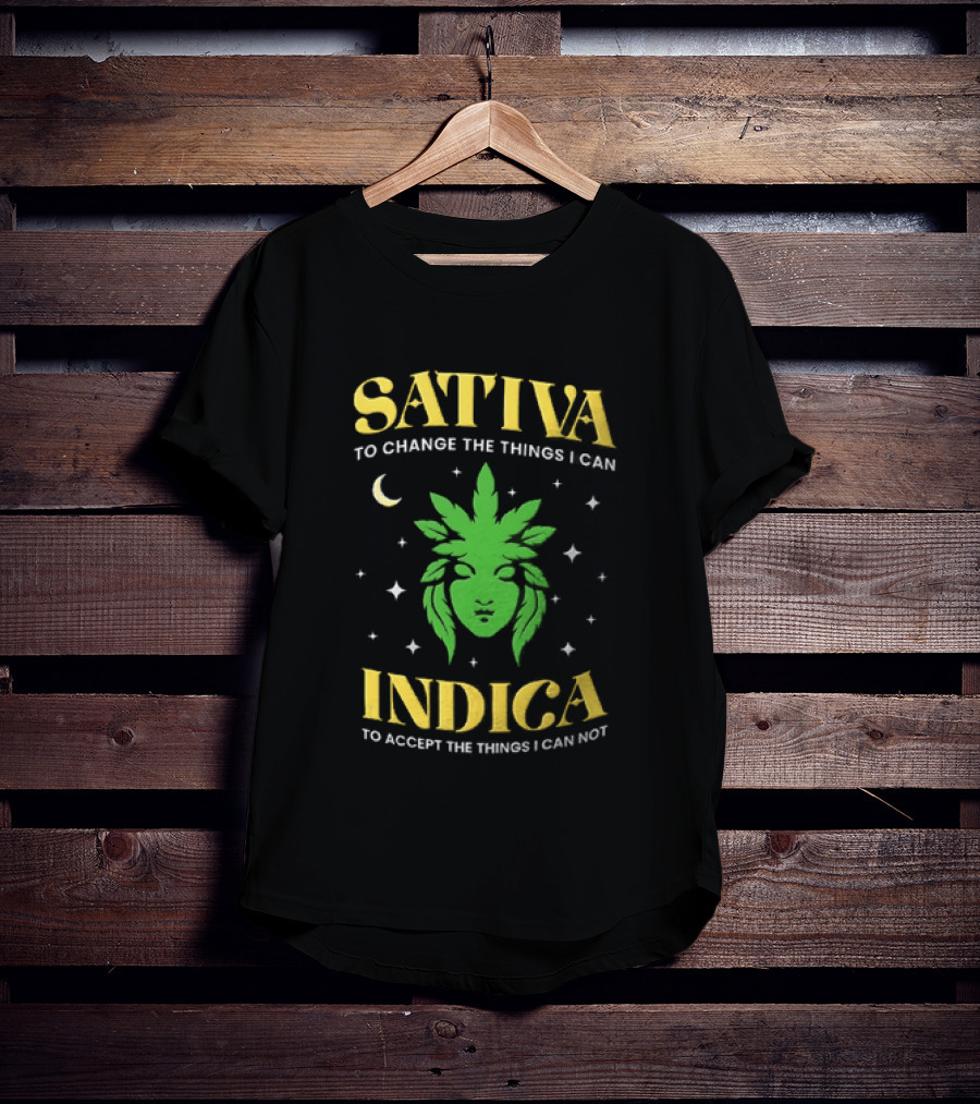 Sativa To Change The Things I Can Indica To Accept The Things I Can Not Moon Stars Cannabis Leaf T-Shirt
