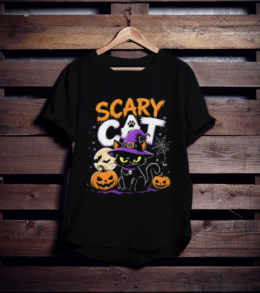 Scary Cat Black Kitten Witch Hat Full Moon Jack O Lanterns Halloween Cartoon T-Shirt