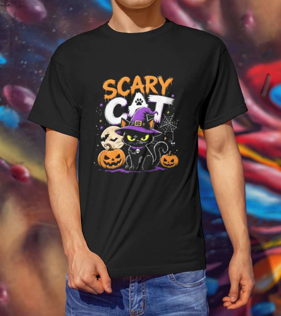 Scary Cat Black Kitten Witch Hat Full Moon Jack O Lanterns Halloween Cartoon T-Shirt