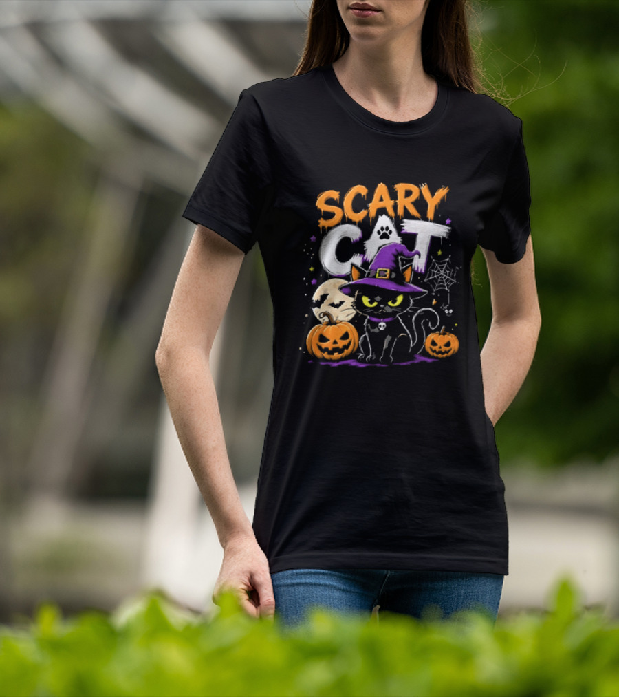 Scary Cat Black Kitten Witch Hat Full Moon Jack O Lanterns Halloween Cartoon T-Shirt