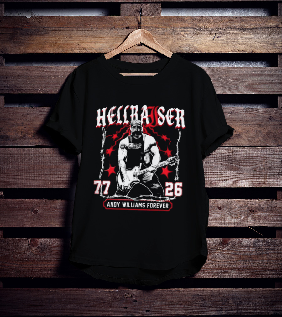 Hellraiser 77 26 Andy Williams Forever Halftone Bearded Guitarist Barbed Wire T-Shirt