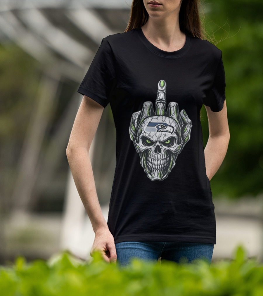 Seattle Seahawks Skull Skeleton Middle Finger Gesture Fan T-Shirt