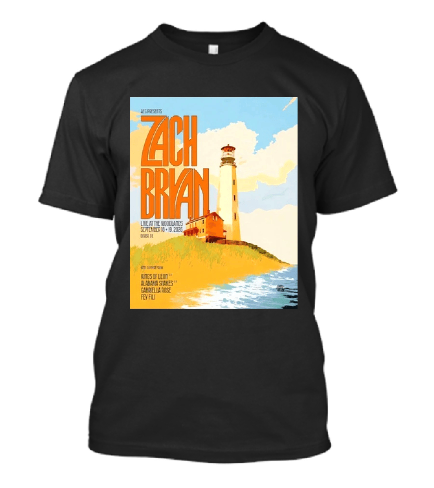 Zach Bryan Live At The Woodlands September 18 19 2026 Dover DE Kings Of Leon Alabama Shakes Gabriella Rose Feyi Fuli Concert T-Shirt