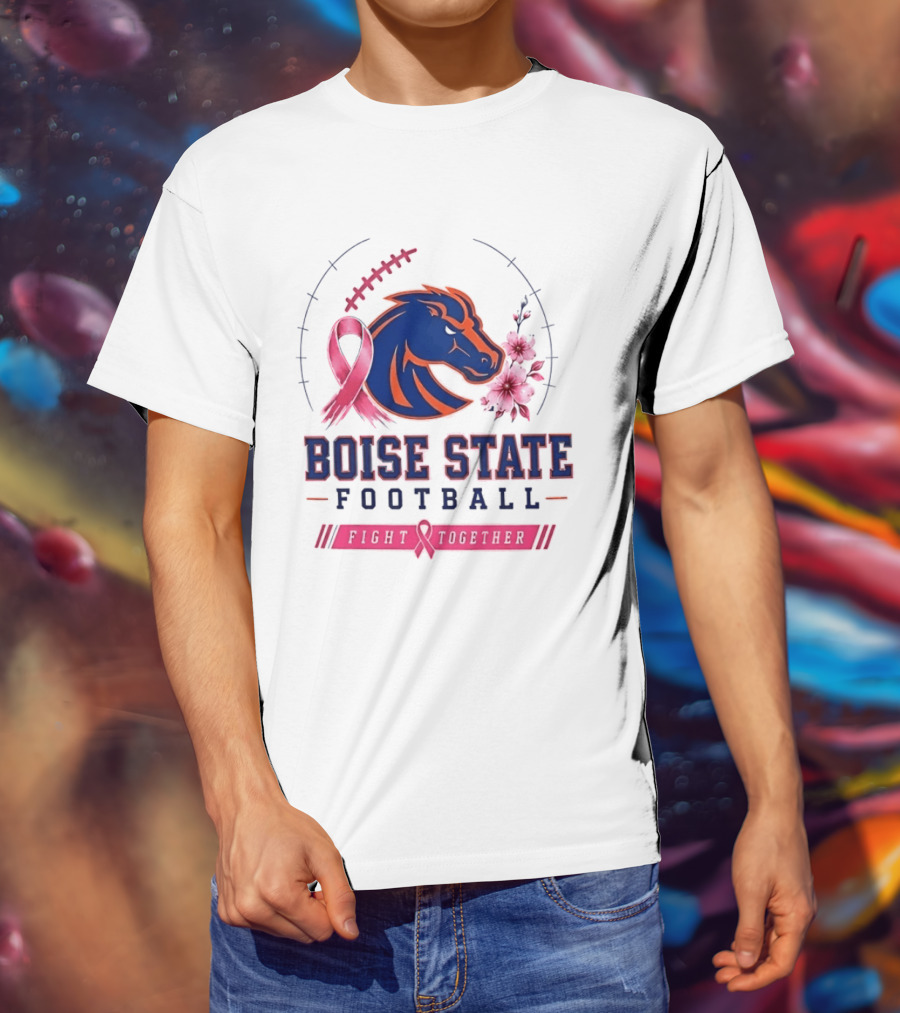 Boise State Broncos Football Fight Together Breast Cancer Awareness Pink Ribbon Flowers T-Shirt