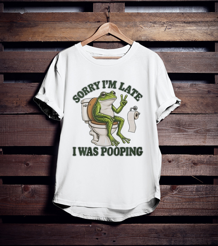 Sorry I'm Late I Was Pooping Frog On Toilet Peace Gesture T-Shirt