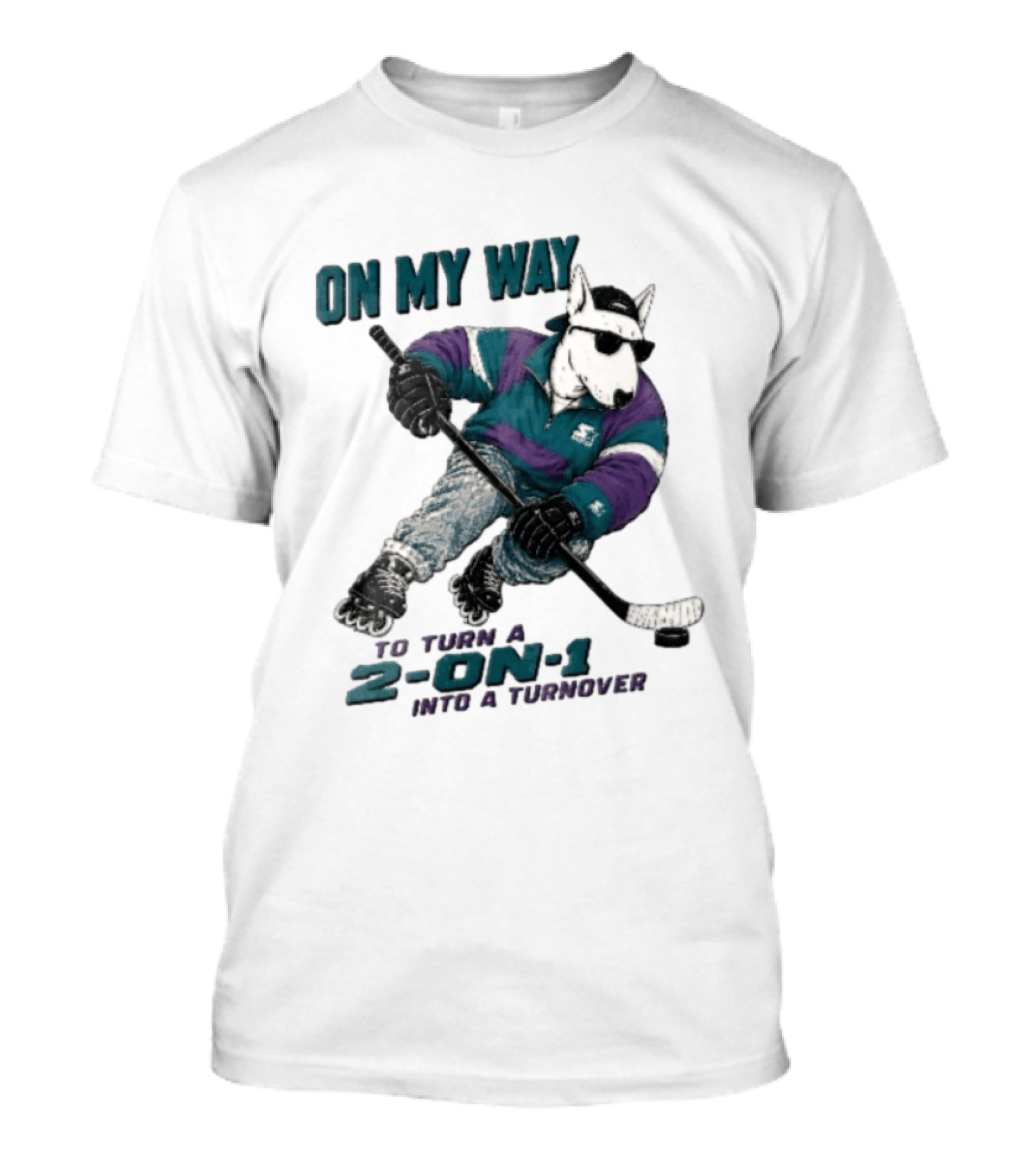 On My Way To Turn A 2 On 1 Into A Turnover Cartoon Bull Terrier Rollerblading Hockey Puck T-Shirt