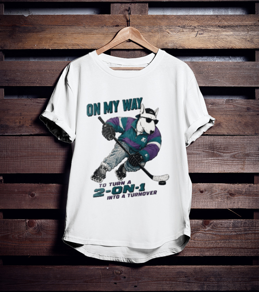 On My Way To Turn A 2 On 1 Into A Turnover Cartoon Bull Terrier Rollerblading Hockey Puck T-Shirt