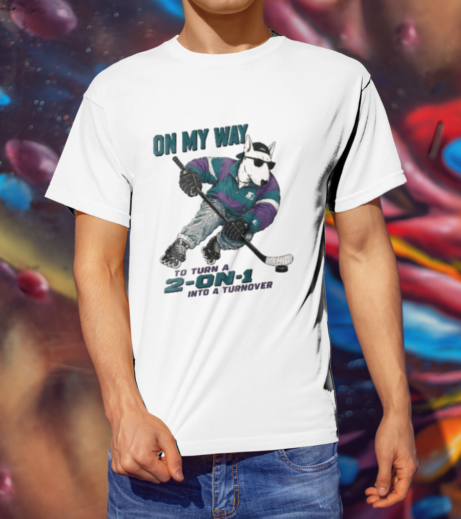 On My Way To Turn A 2 On 1 Into A Turnover Cartoon Bull Terrier Rollerblading Hockey Puck T-Shirt