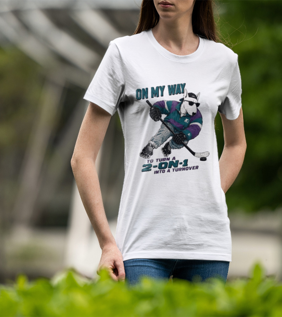 On My Way To Turn A 2 On 1 Into A Turnover Cartoon Bull Terrier Rollerblading Hockey Puck T-Shirt