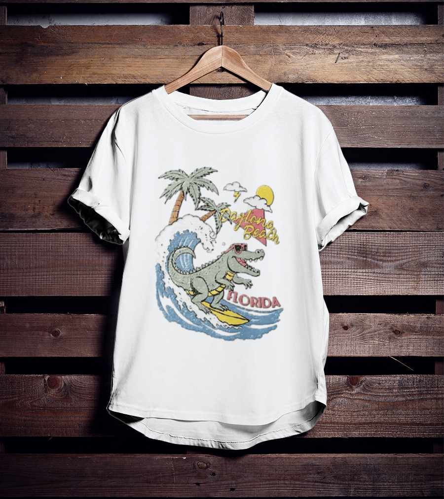 Daytona Beach Florida Surfing Alligator With Palm Trees And Sunglasses T-Shirt