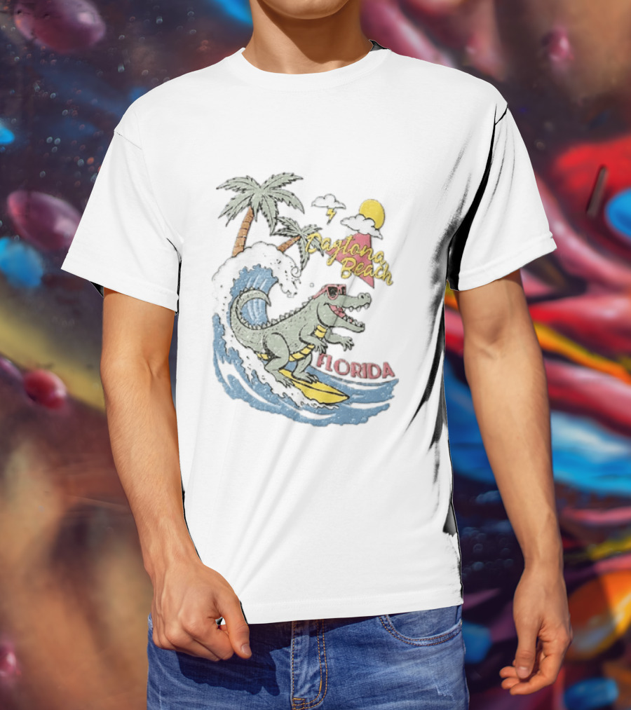 Daytona Beach Florida Surfing Alligator With Palm Trees And Sunglasses T-Shirt