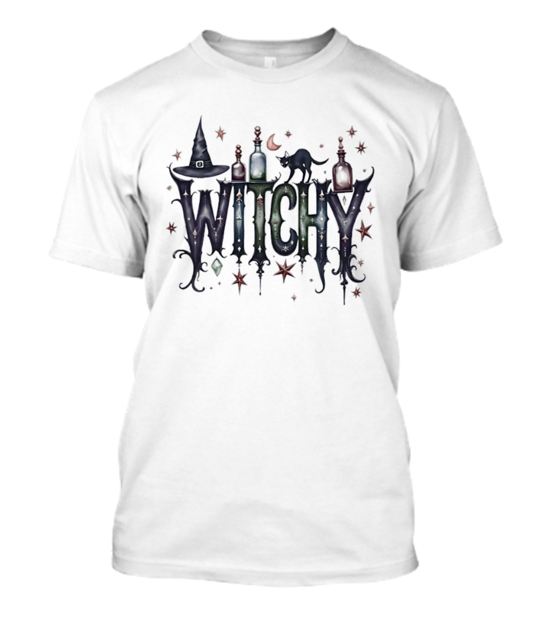 Witchy Halloween Magic With Potion Bottles Cat And Stars T-Shirt
