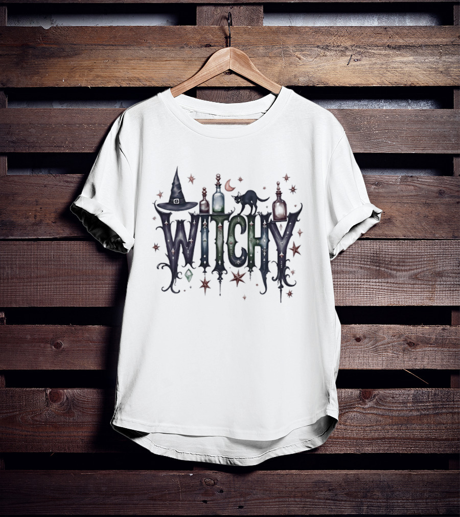 Witchy Halloween Magic With Potion Bottles Cat And Stars T-Shirt