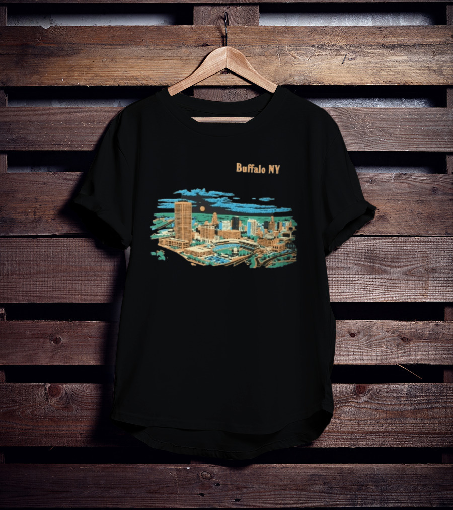 Buffalo NY Skyline Cityscape Illustration With Moonlit Clouds T-Shirt