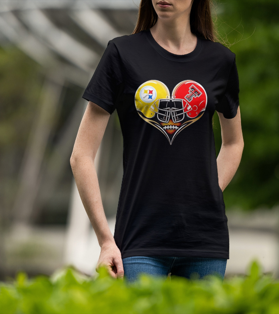Pittsburgh Steelers Texas Tech Red Raiders Football Helmets Heart T-Shirt