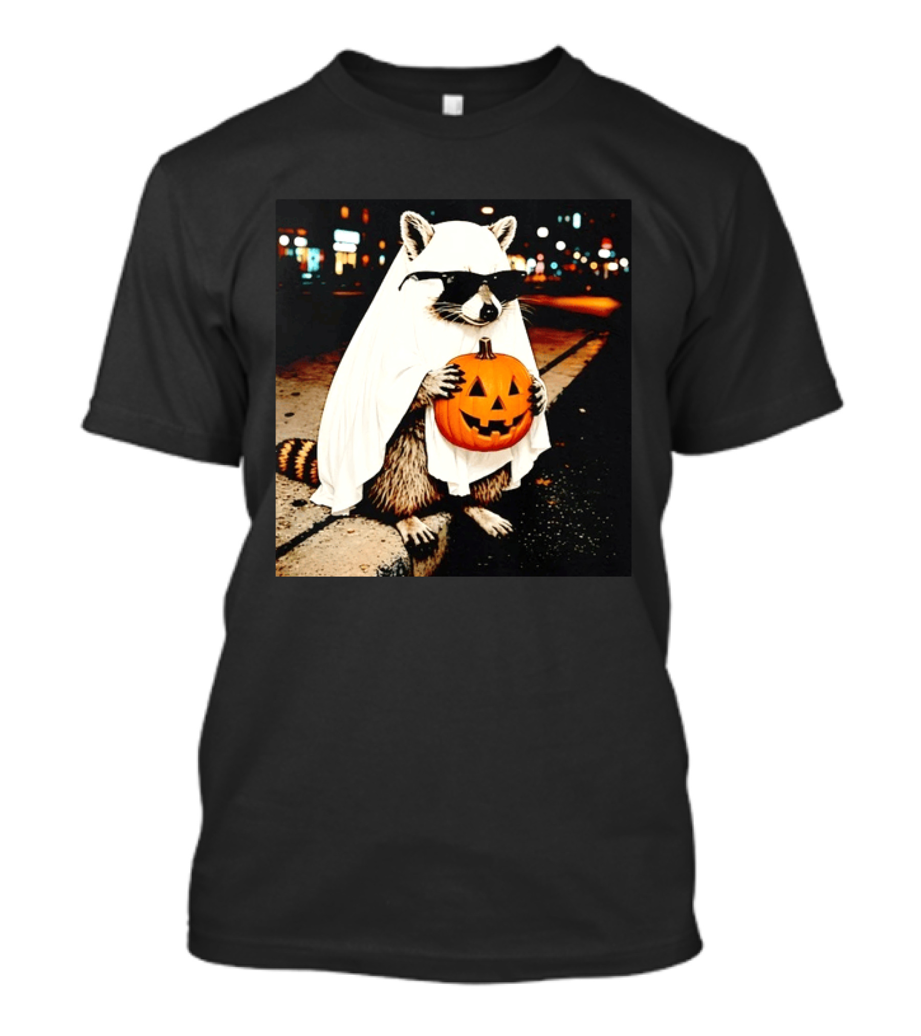 Raccoon Ghost Sunglasses Pumpkin Halloween Street Scene T-Shirt