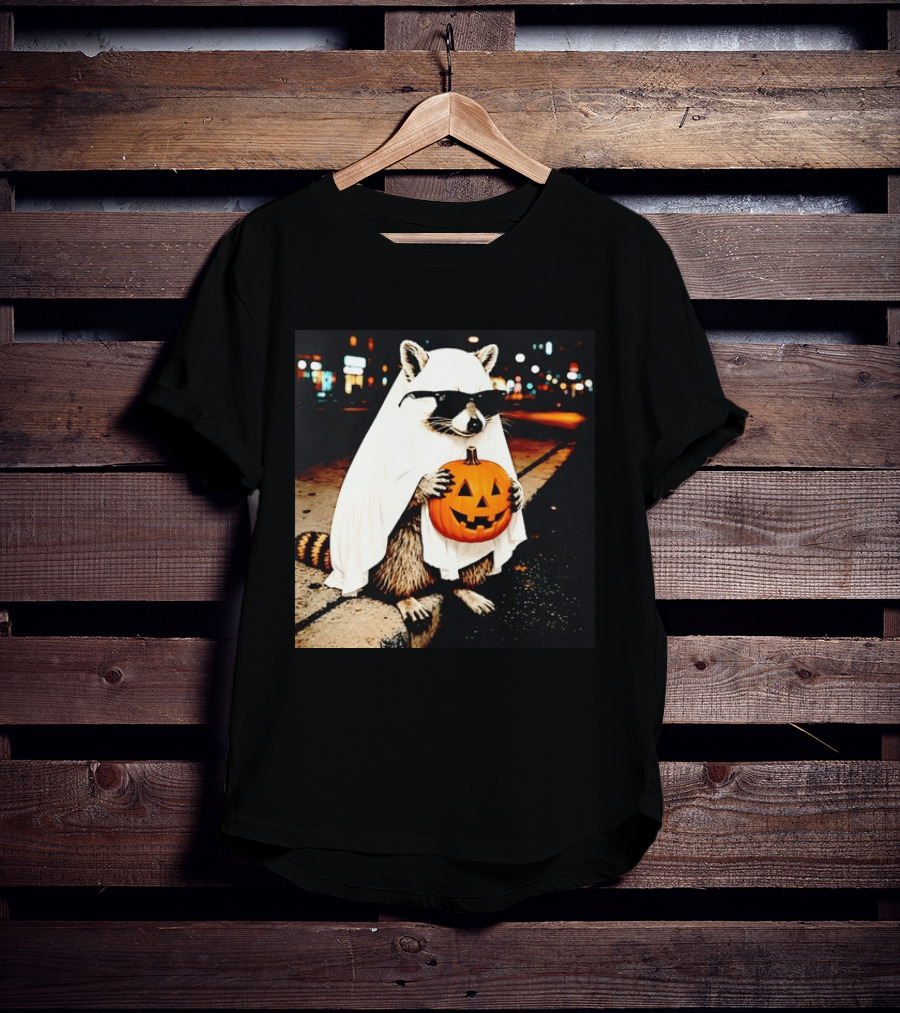Raccoon Ghost Sunglasses Pumpkin Halloween Street Scene T-Shirt