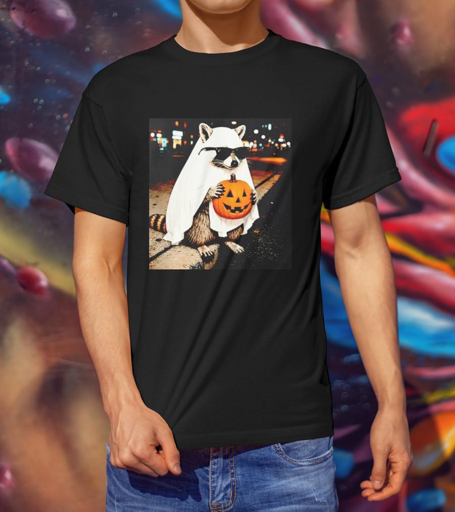 Raccoon Ghost Sunglasses Pumpkin Halloween Street Scene T-Shirt